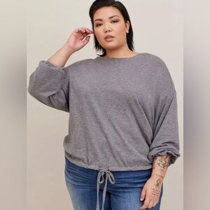 Torrid Cotton Modal Slub Drop Shoulder Tie Hem Gray Drawstring Long Sleeve 4X